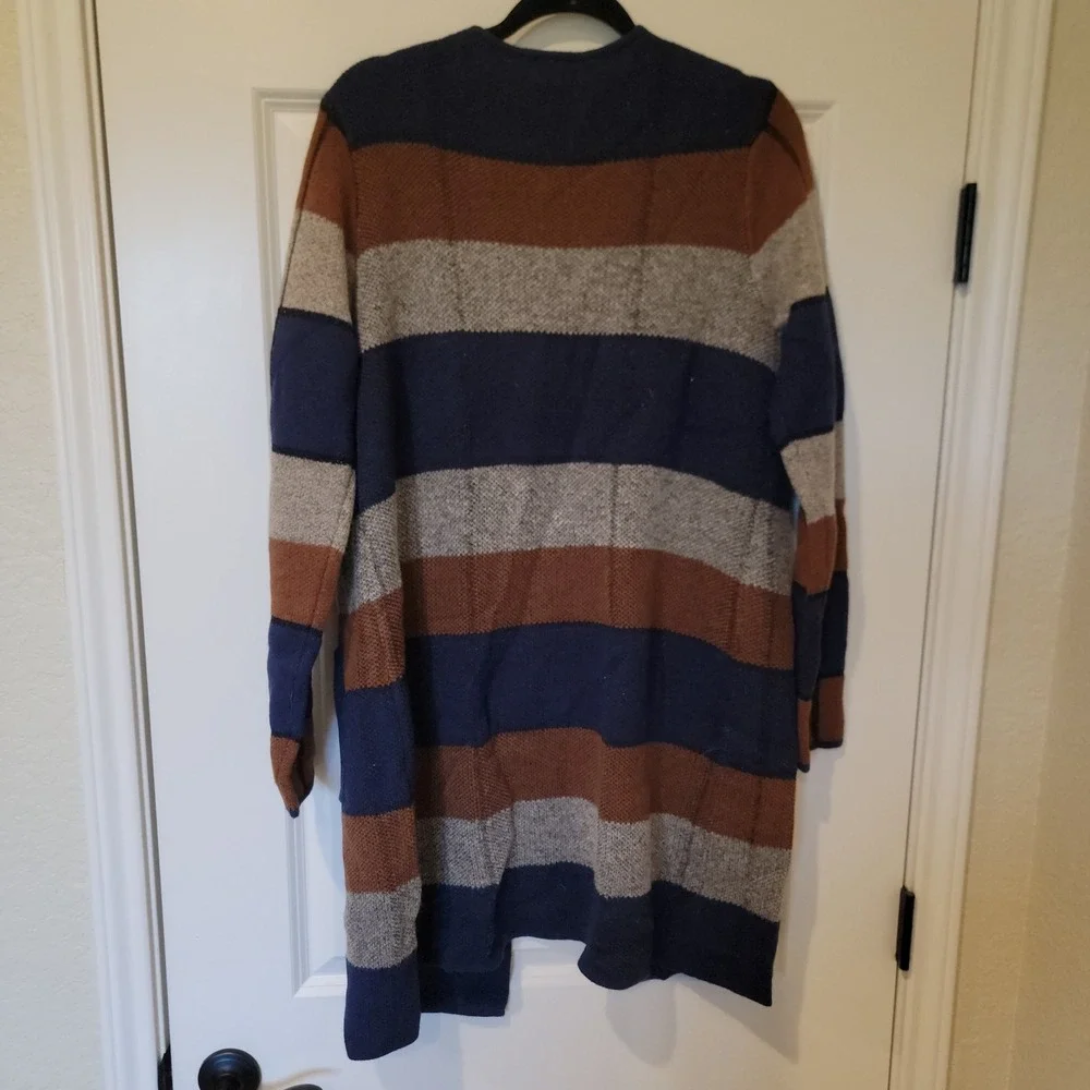 Apt. 9 Womens XL Longline Open Front Striped Metallic Cardigan Cognac Indigo